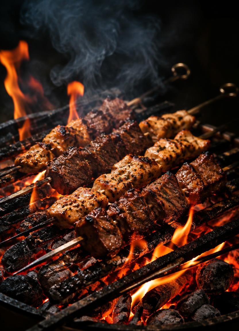 Lamb and chicken skewers over charcoal